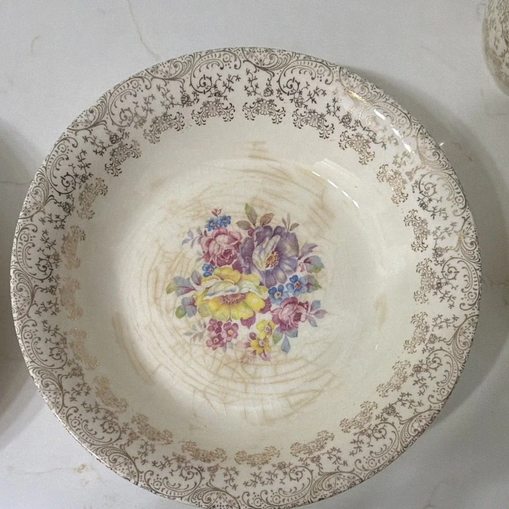 Ivory & Gold Floral Scroll Rim Round Ceramic Glossy set (see pics for quantity)
